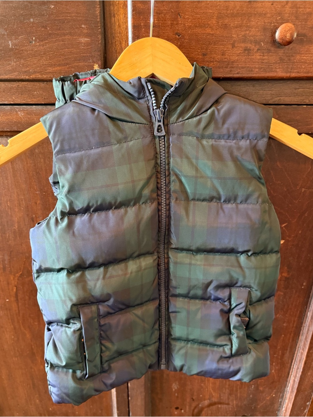 Lands End Navy Green Plaid Hooded Puffer Vest Size M (5-6 kids)